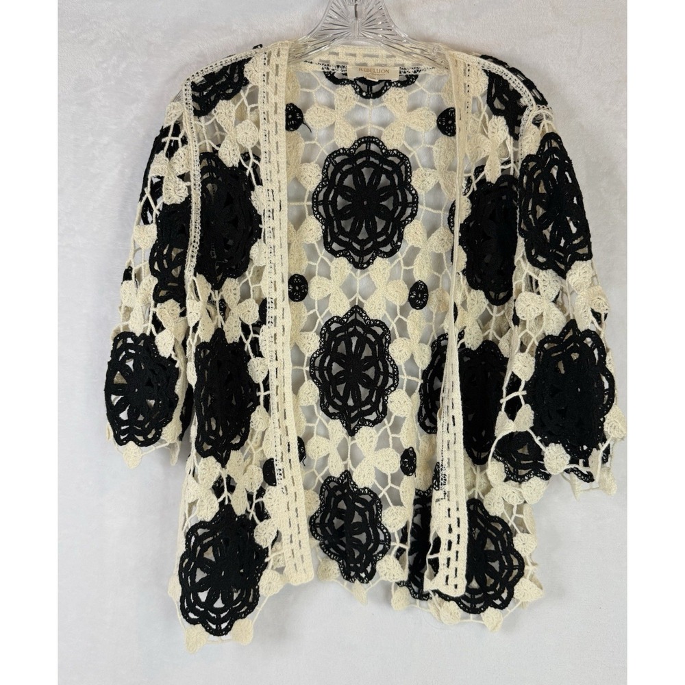Rebellion Crochet Cardigan M Black Cream Floral Boho Open Knit Kimono